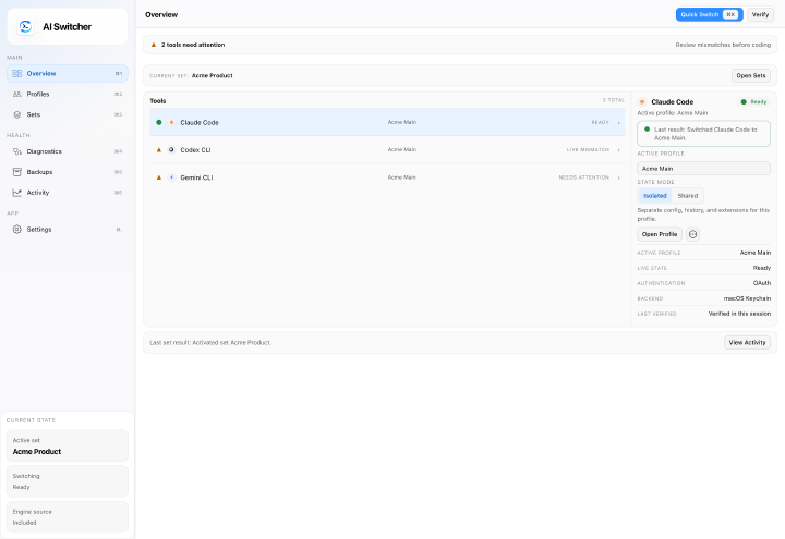 AI Switcher macOS desktop app preview