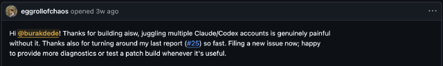 A GitHub issue comment thanking Burak for building aisw and helping make multi-account Claude and Codex workflows less painful.
