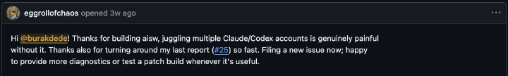 A GitHub issue comment thanking Burak for building aisw and helping make multi-account Claude and Codex workflows less painful.