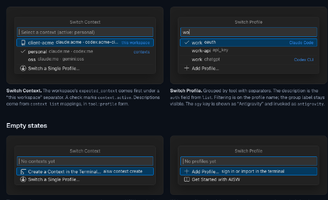 Switching AI coding-agent contexts and profiles from the editor