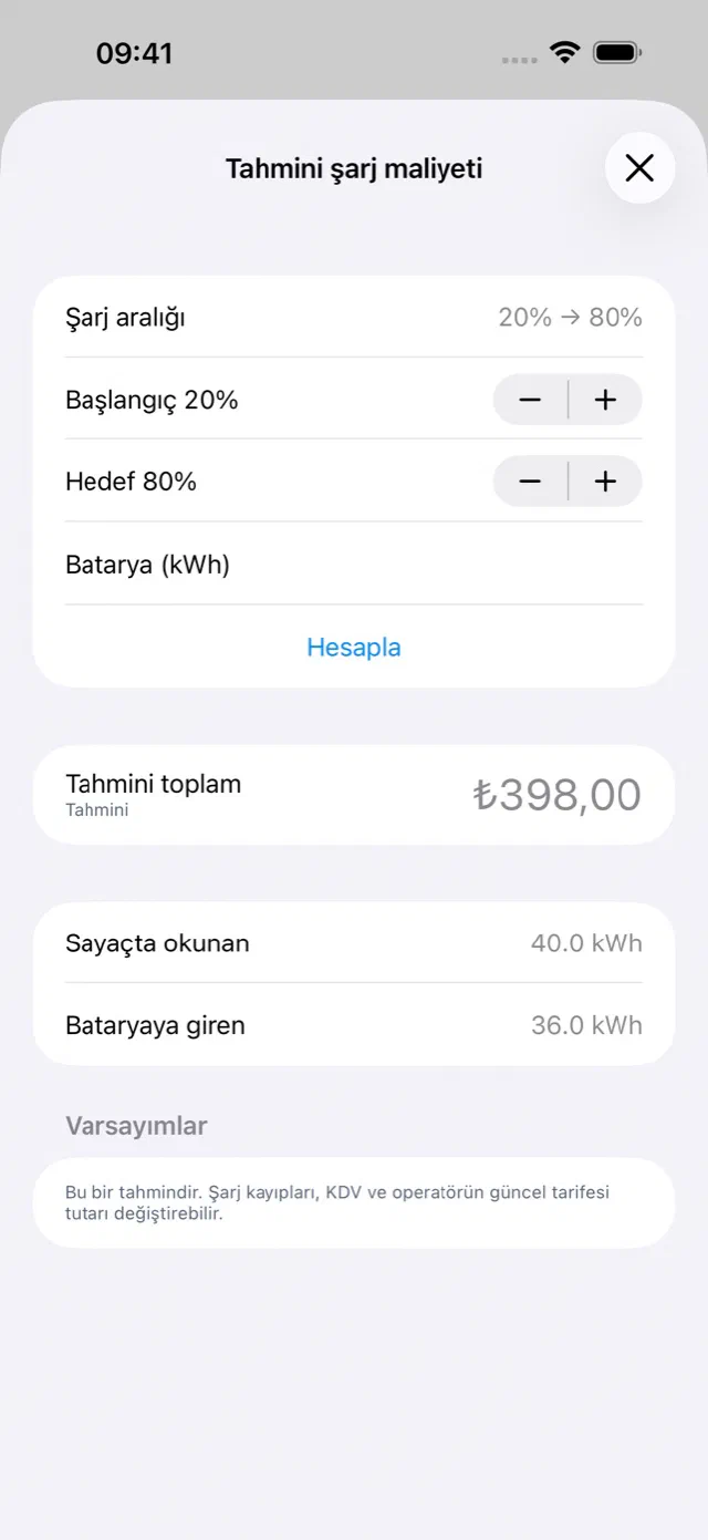 Tahmini şarj maliyeti ve varsayımları