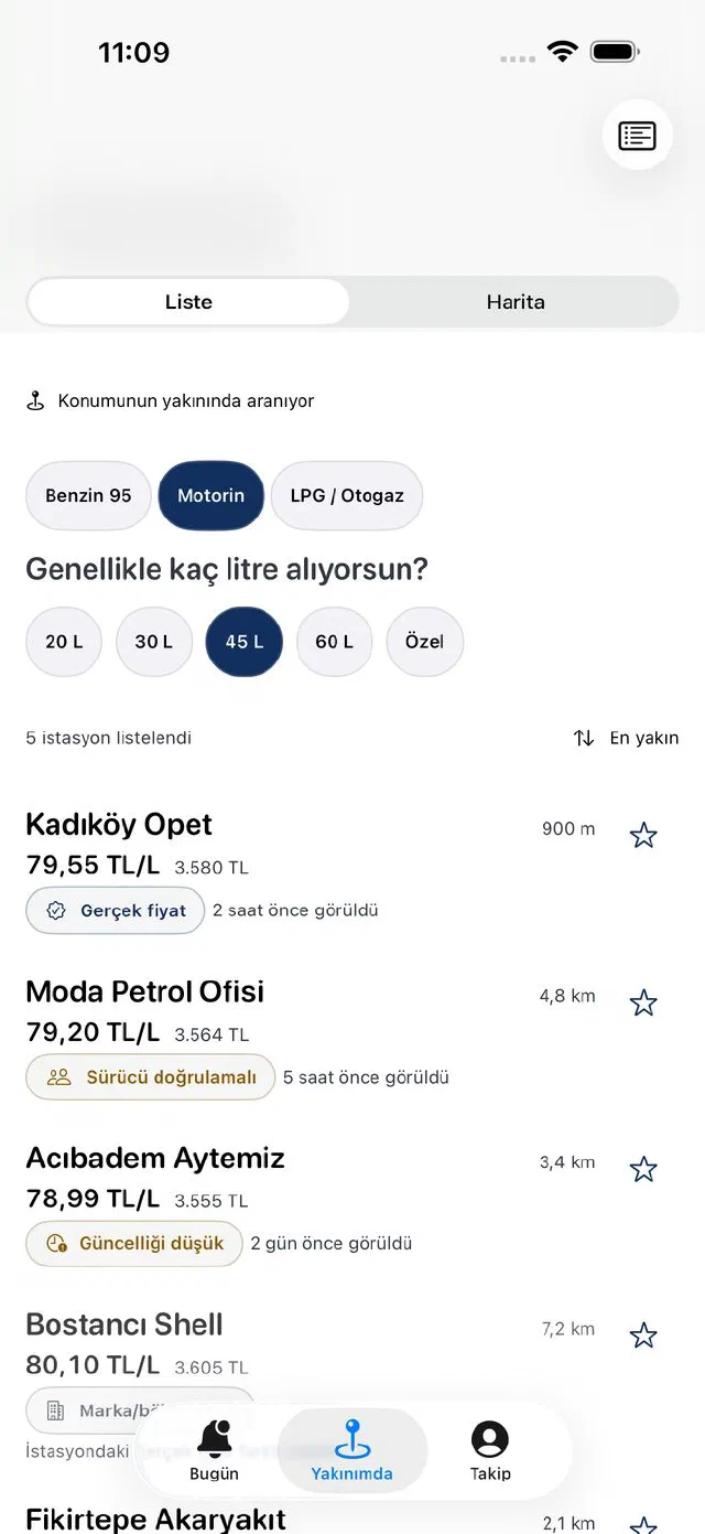Yakınımda: yakıt ve litreye göre yakındaki istasyonlar