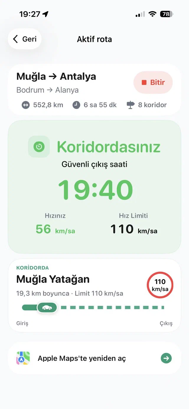 Koridor içinde: güvenli çıkış saati, hız ve limit