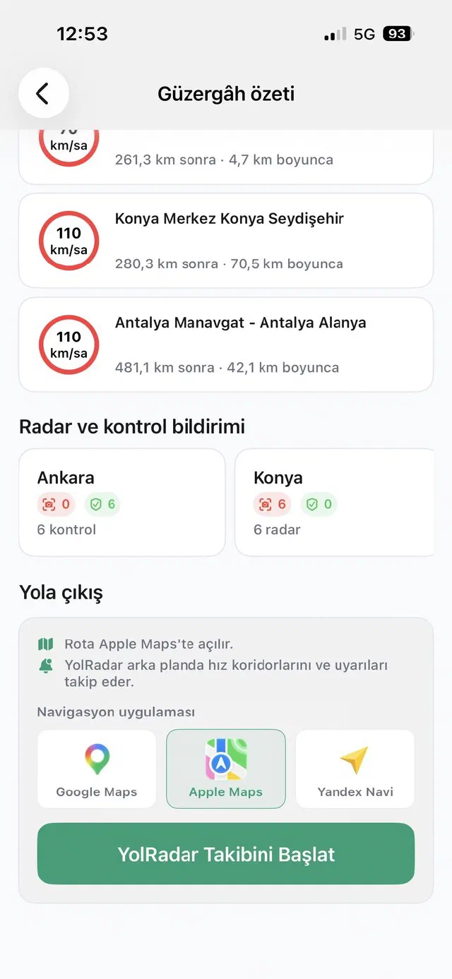 Rota Google Maps, Apple Haritalar ya da Yandex Navi'de açılır