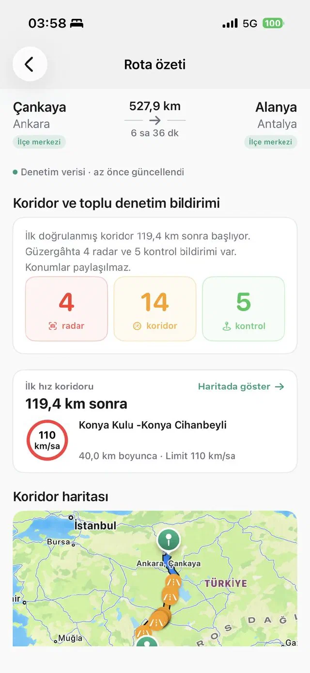 Rota özeti: güzergâhtaki radar, koridor ve kontrol sayıları