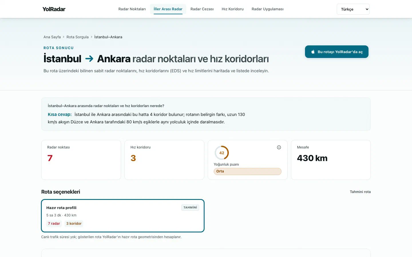 İstanbul–Ankara rota sayfası: radar noktaları, hız koridorları ve kısa cevap